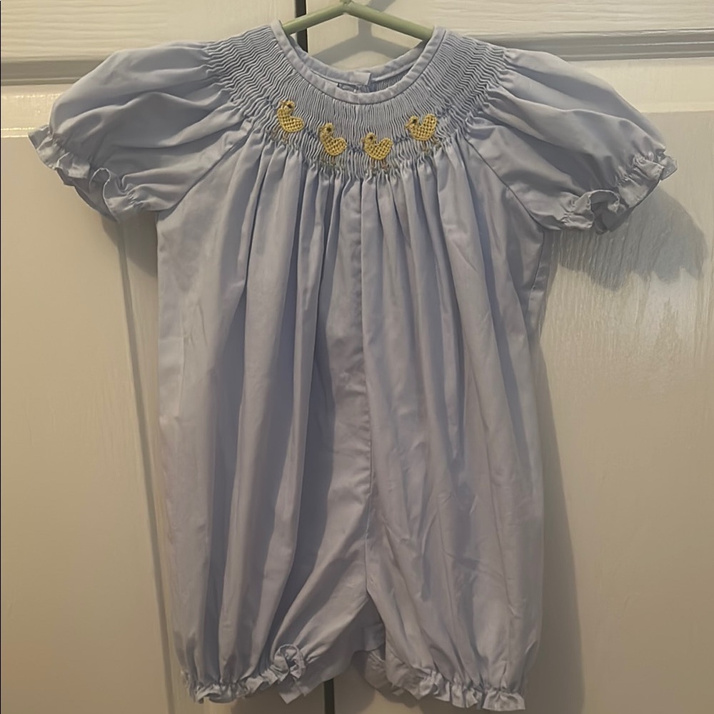 Blue Smocked Duck Embroidered Kids One Piece